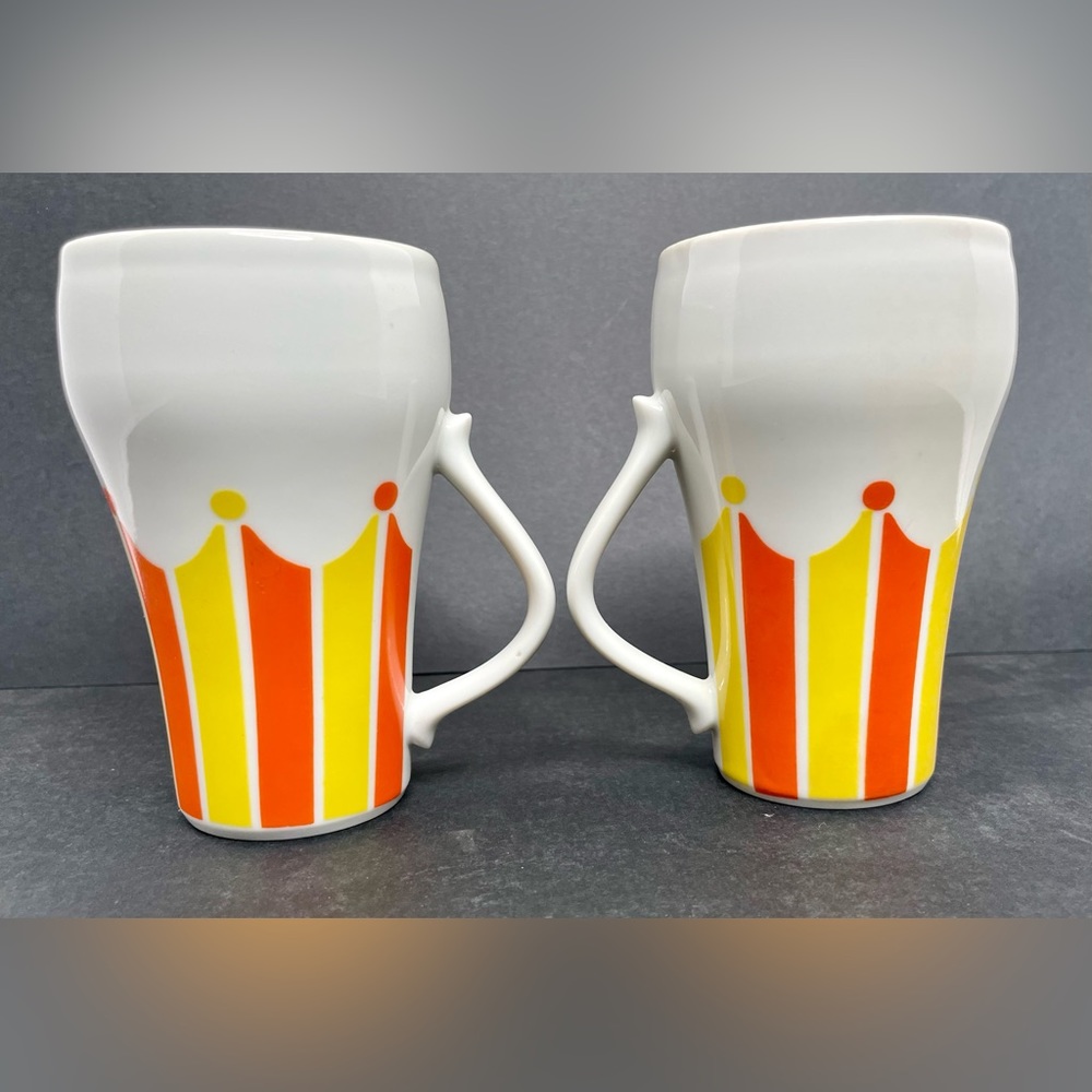 Vintage Pair MCM Mugs Orange Yellow Circus Tent Cups Latte 10oz Boho